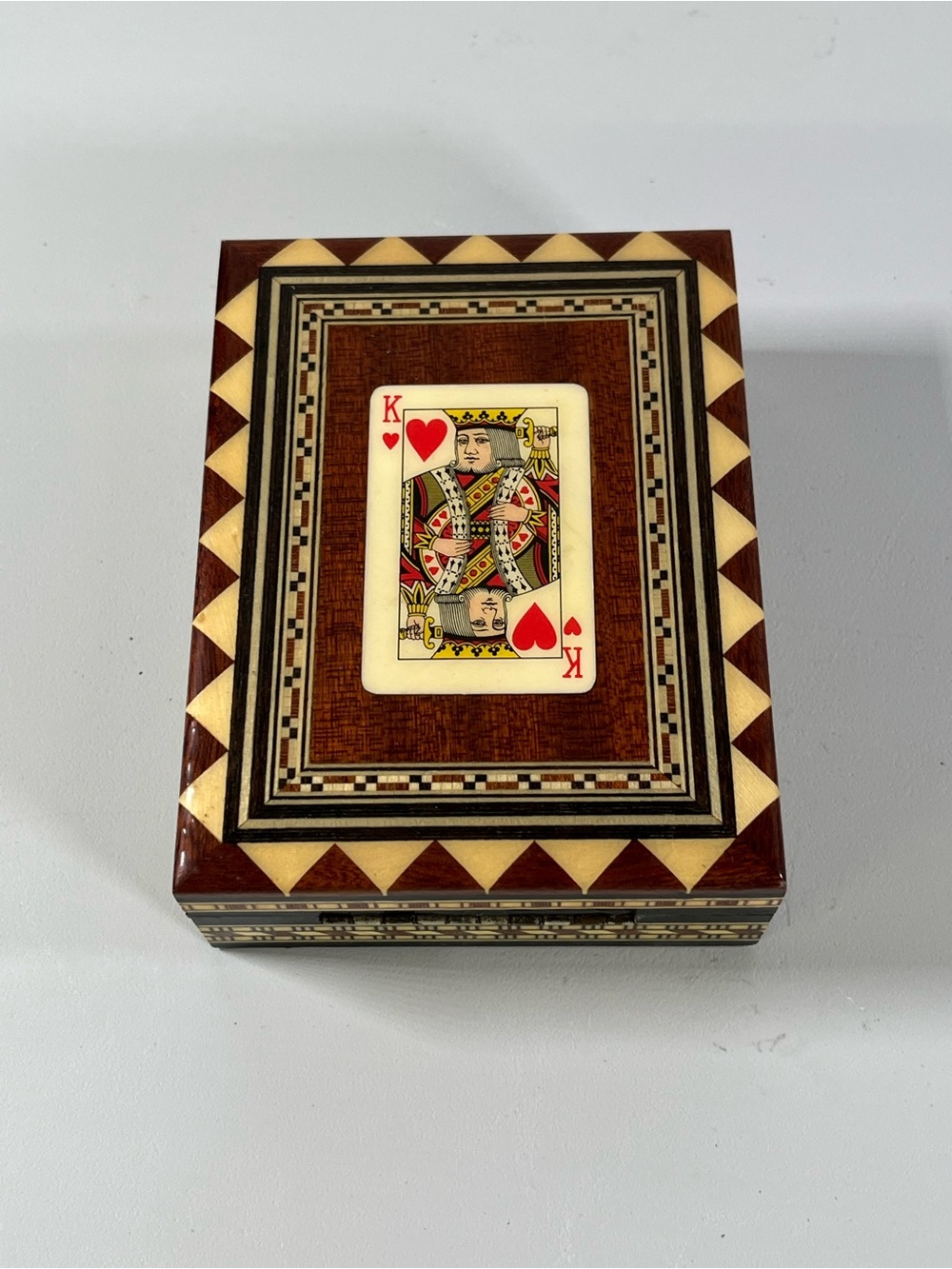 Vintage Spanish Taracea Playing Card Box - King of Hearts Mosaic Granada, Spain